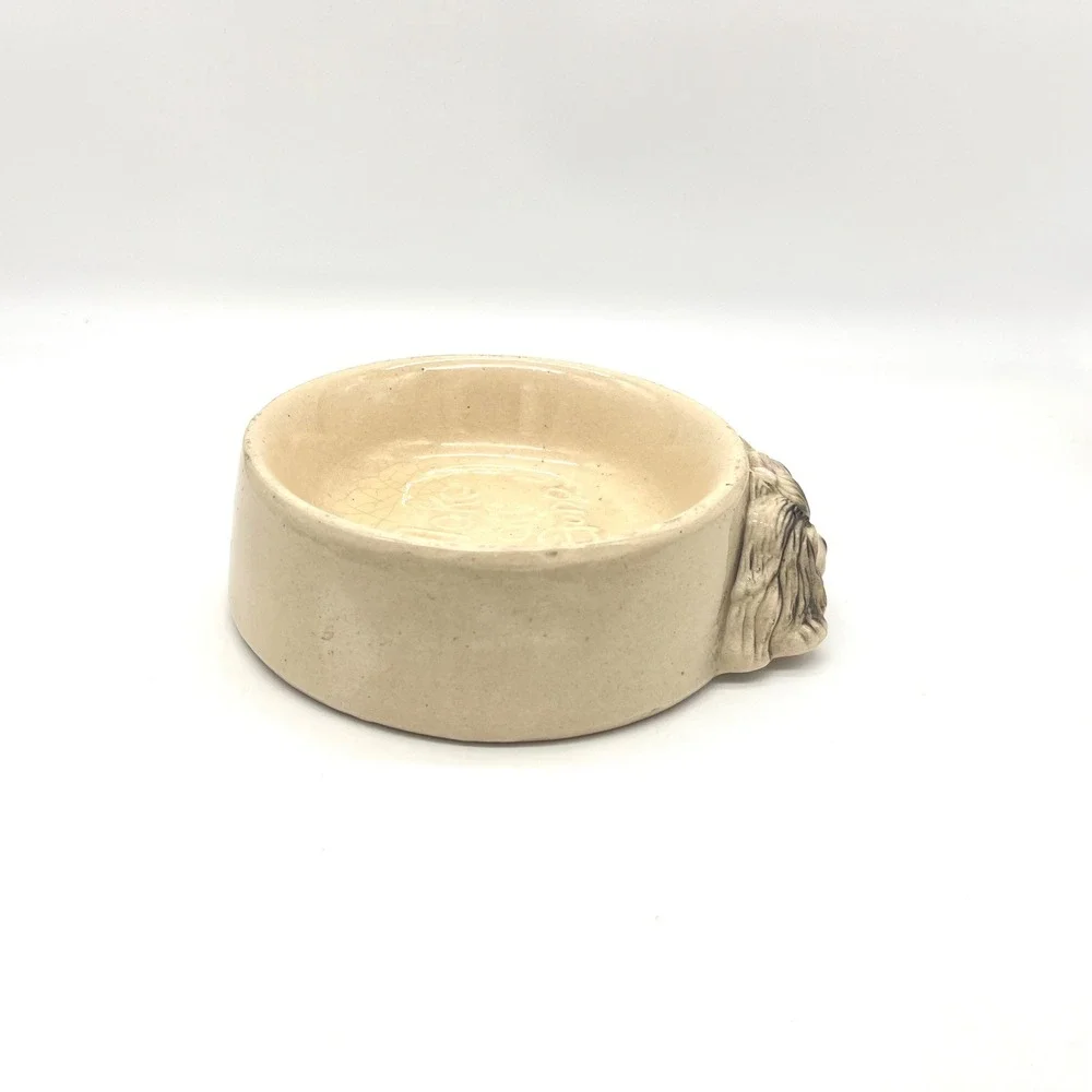 Vintage Ceramic Dog Bowl 3D Face Make All Gone Beige Stoneware